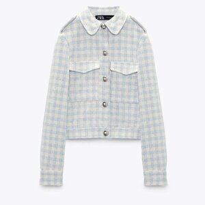 Zara Light textured Blue Checkered Jacket women classic  size S